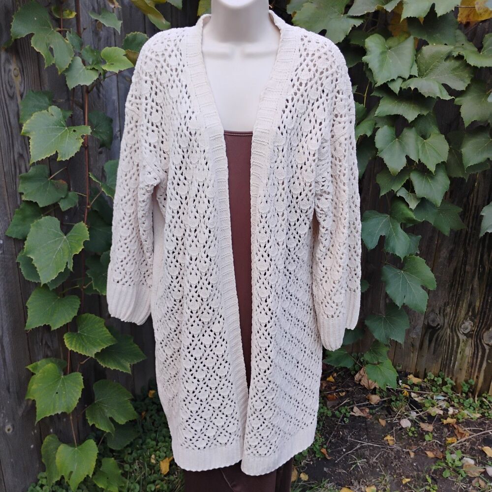 POL Chunky Long Cardigan Sweater Large Ivory Oversized Open Knit Boho Duster